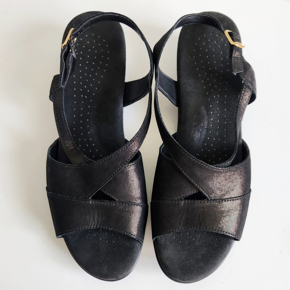 SAS Caress Dress Sandals With Low Wedge Heel, Black Shimmer, Size 11